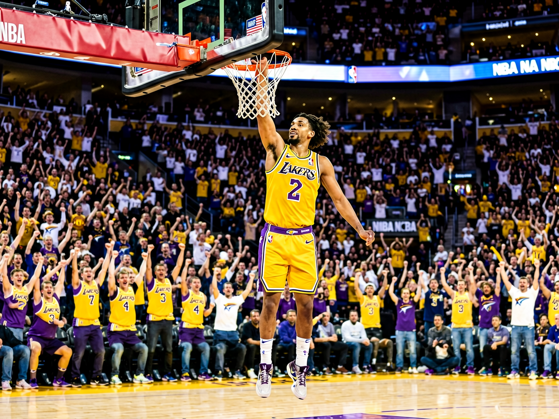NBA比赛中球员完成精彩扣篮，全场观众欢呼雀跃