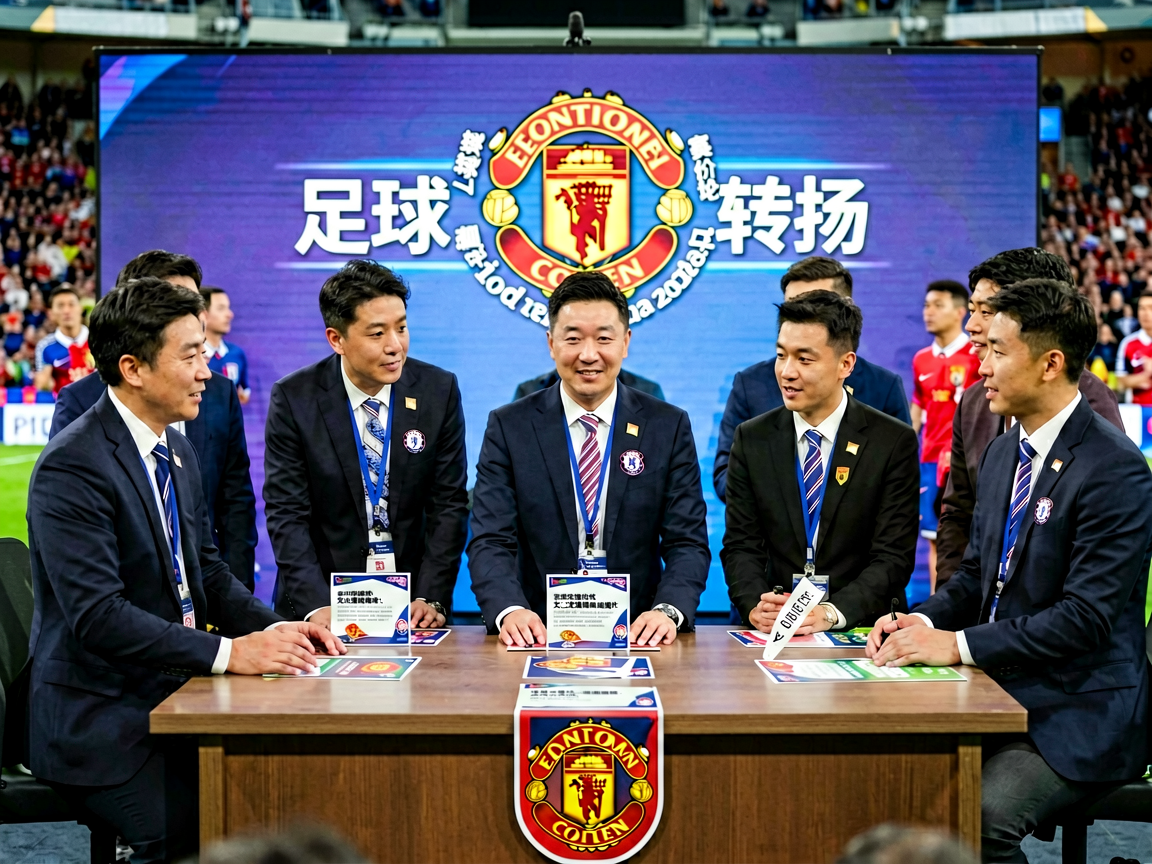 足球转会新闻发布现场，俱乐部官员与球员共同出席发布会